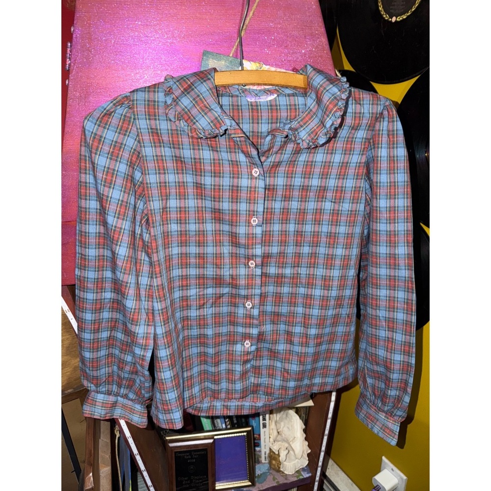 Vintage Kids Blue Red Plaid Ruffle Collar Button Down Blouse Top Long Sleeve